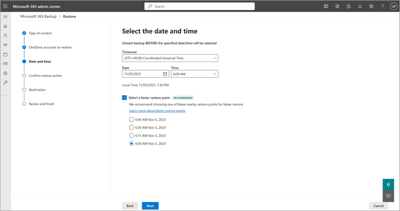 OneDrive için Daha hızlı bir geri yükleme noktası seçin seçeneğini gösteren ekran görüntüsü.