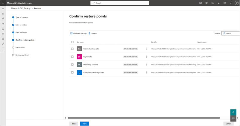 SharePoint için Geri yükleme noktalarını onayla sayfasını gösteren ekran görüntüsü.