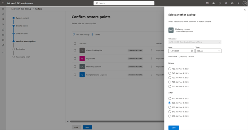 SharePoint için başka bir yedekleme seçin panelini gösteren ekran görüntüsü.