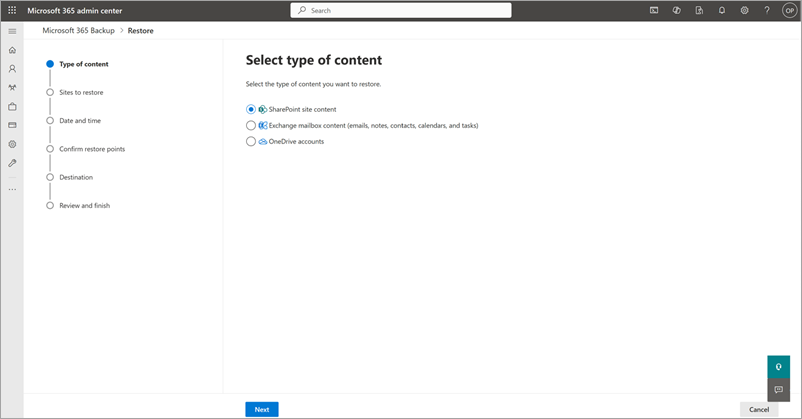 SharePoint site içeriğinin seçili olduğu İçerik türünü seçin sayfasını gösteren ekran görüntüsü.