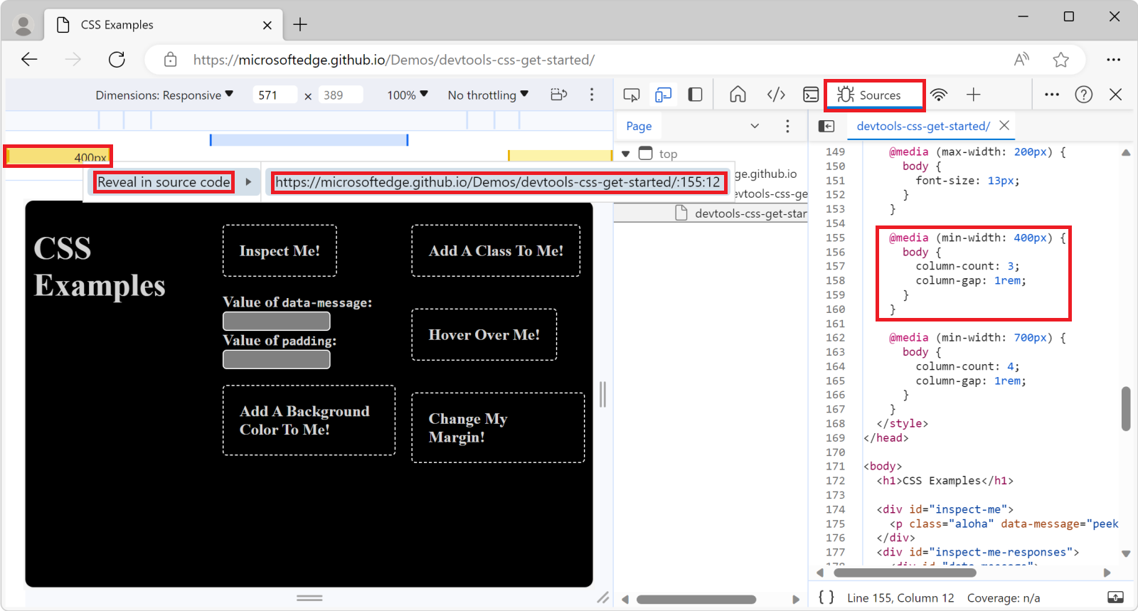 Showing media queries in the editor in the Sources tool