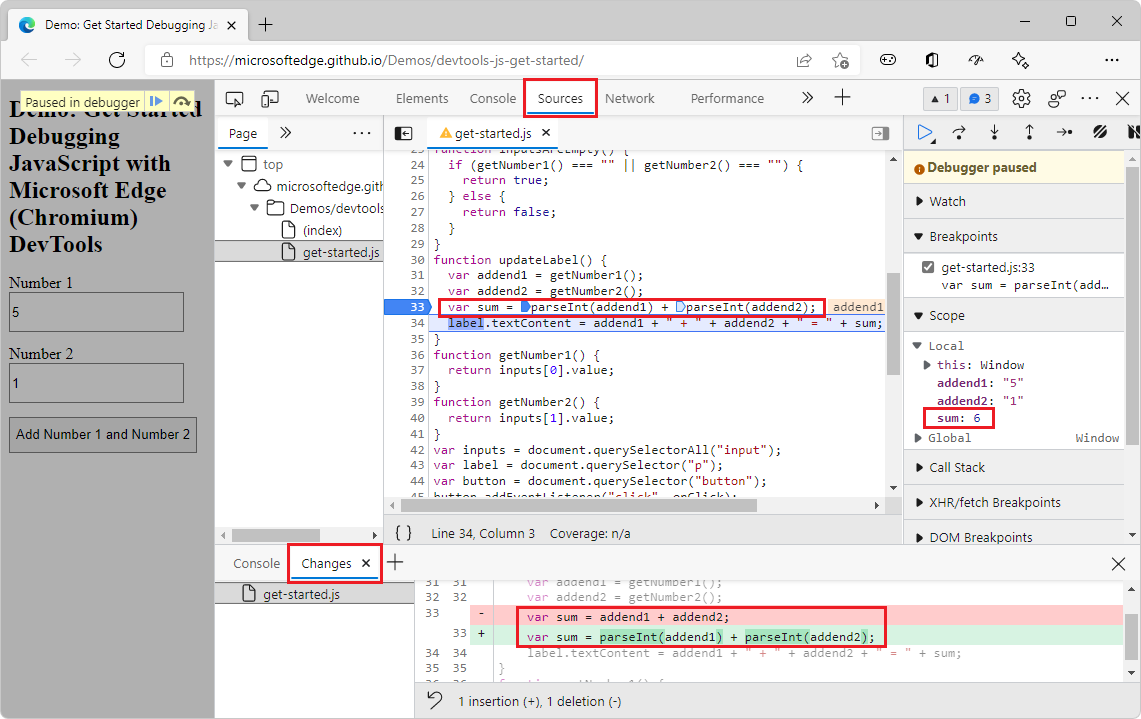 The 'Get started Debugging JavaScript with DevTools' demo webpage