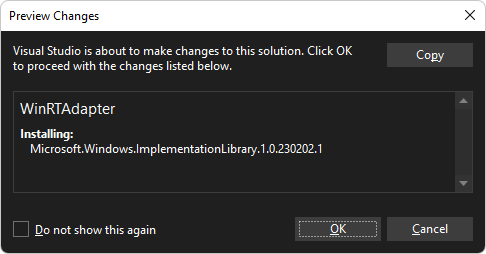 The Preview Changes dialog for WIL for the WinRTAdapter project