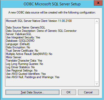 Yeni O D B C veri kaynağının yapılandırma ayrıntılarını ve Veri Kaynağını Test Et düğmesini gösteren ekran görüntüsü.