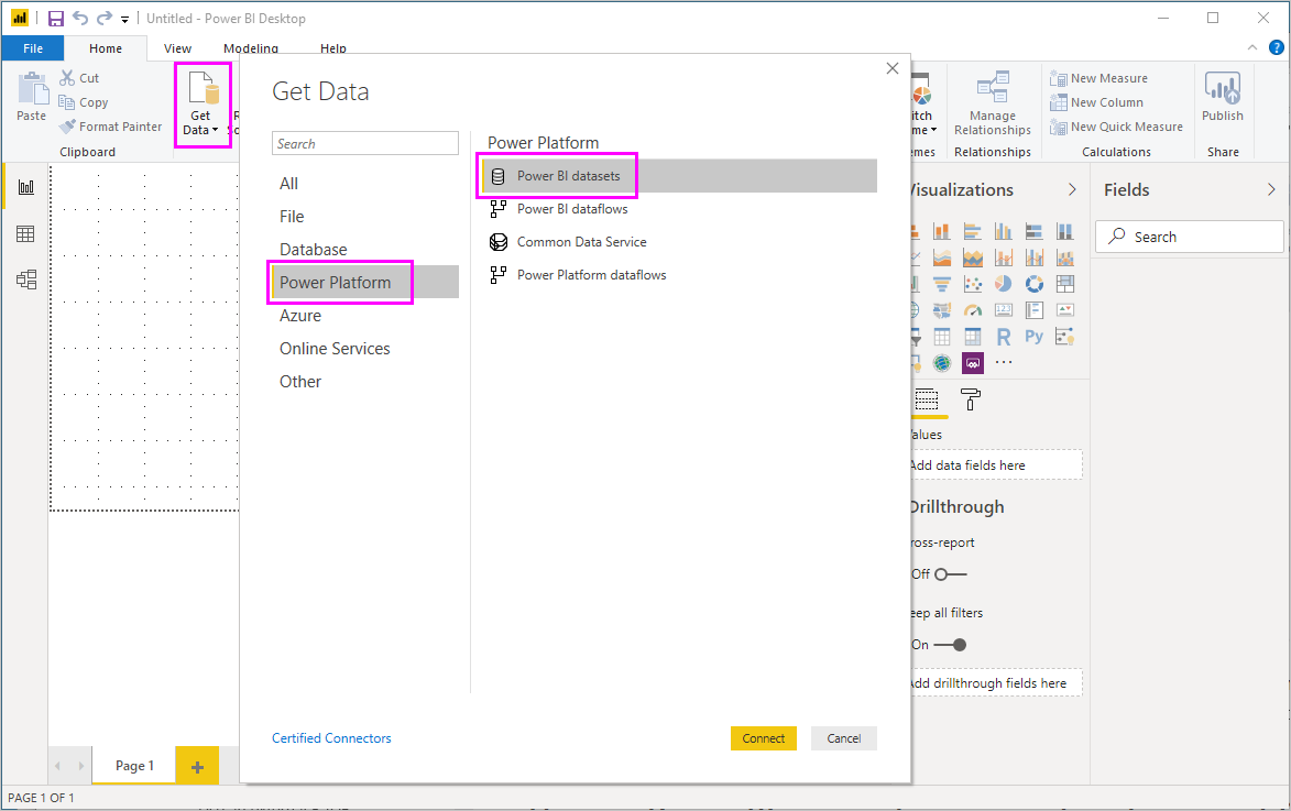 Power BI Desktop Veri al ekranında Power BI anlam modellerini seçmeyi gösteren ekran görüntüsü.