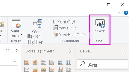 Power BI Desktop'taki Yayımla düğmesini gösteren ekran görüntüsü.