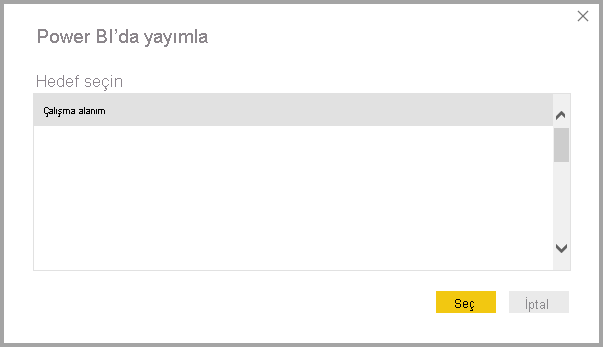 Power BI hizmeti Yayımla'yı gösteren ekran görüntüsü.