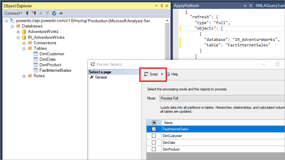 Screenshot shows the Script button in Process Table dialog.