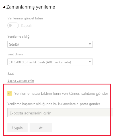 Power BI e-posta yenileme bildirimlerini değiştirmeye yönelik anlam modeli ayarları bölümündeki bölümün ekran görüntüsü.