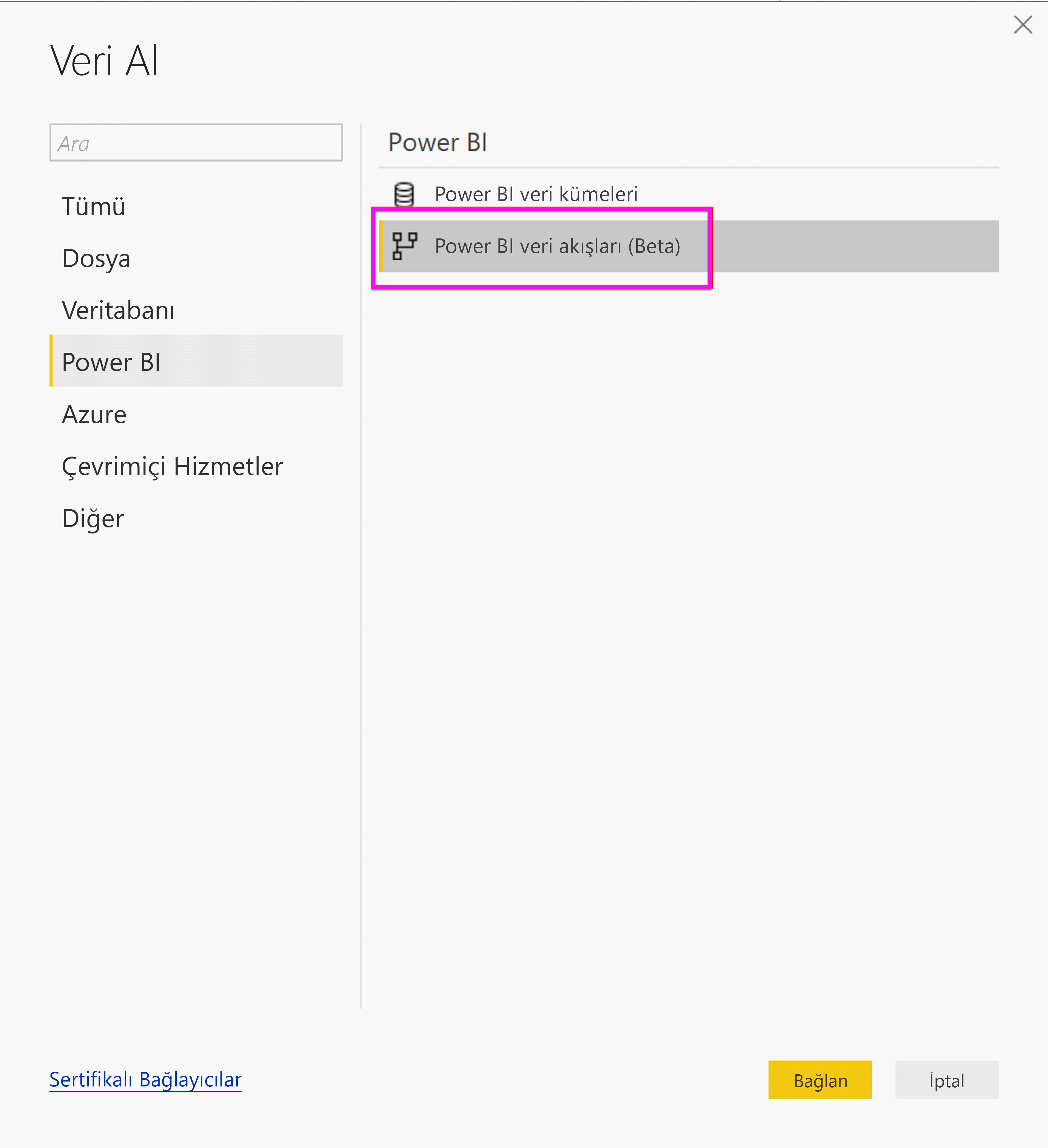 Screenshot shows the Get Data pane with Power BI dataflows selected.