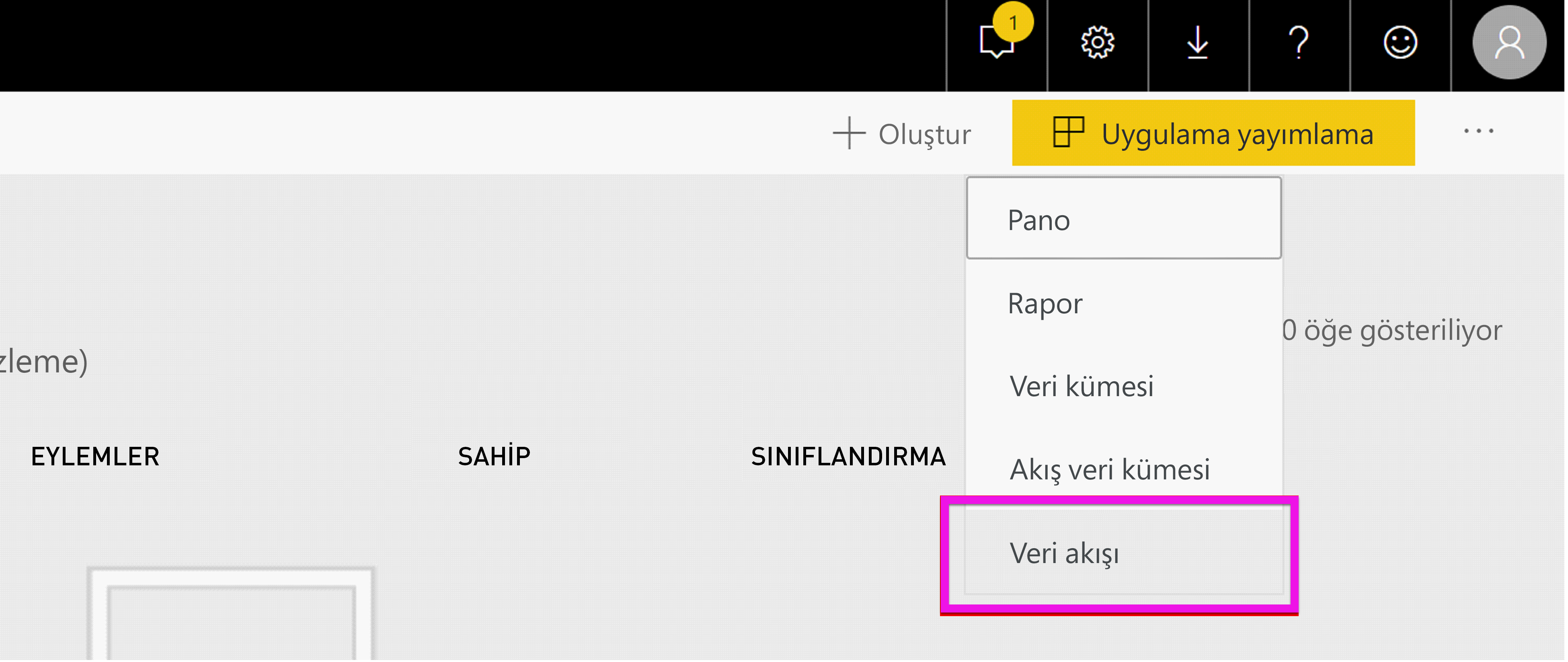 Screenshot shows the Power BI workspace with Create, then Dataflow, selected.