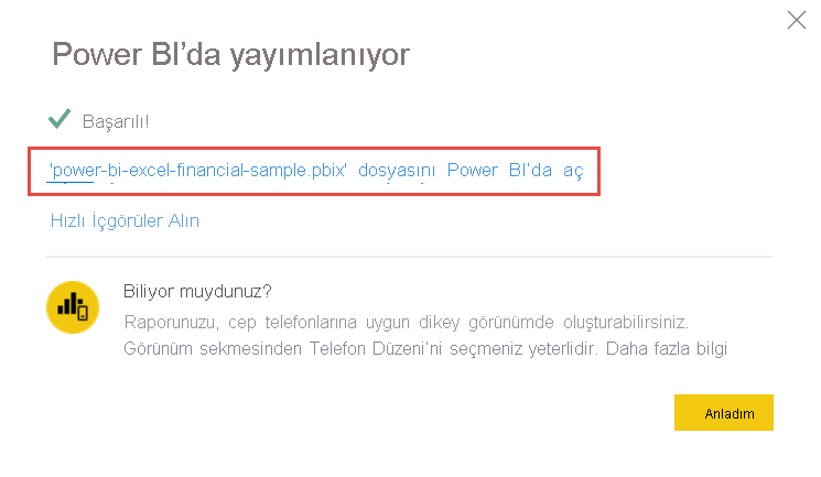 raporunuzu Power BI hizmeti açma işleminin ekran görüntüsü.