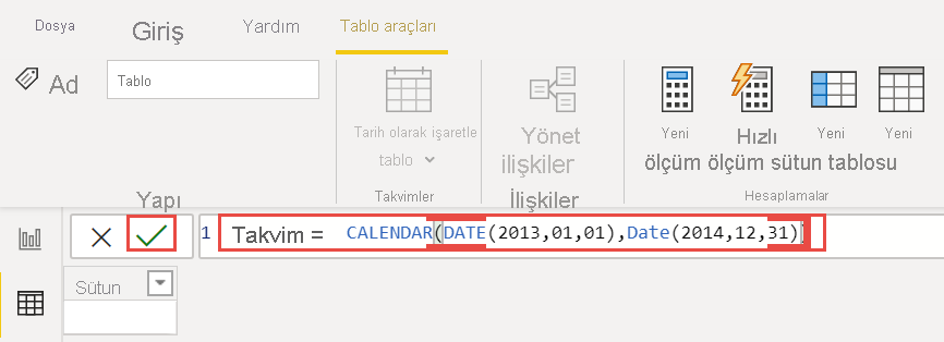 DAX ifadesi Takvim'in ekran görüntüsü.