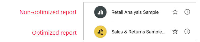 Power BI mobil uygulamalarında iyileştirilmiş rapor simgesini gösteren ekran görüntüsü.