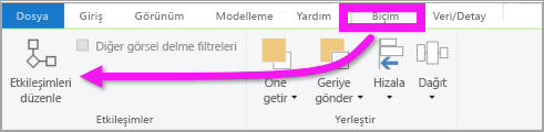 Etkileşimleri düzenle seçeneğinin vurgulandığı Power BI Desktop Biçimi menüsünün ekran görüntüsü.