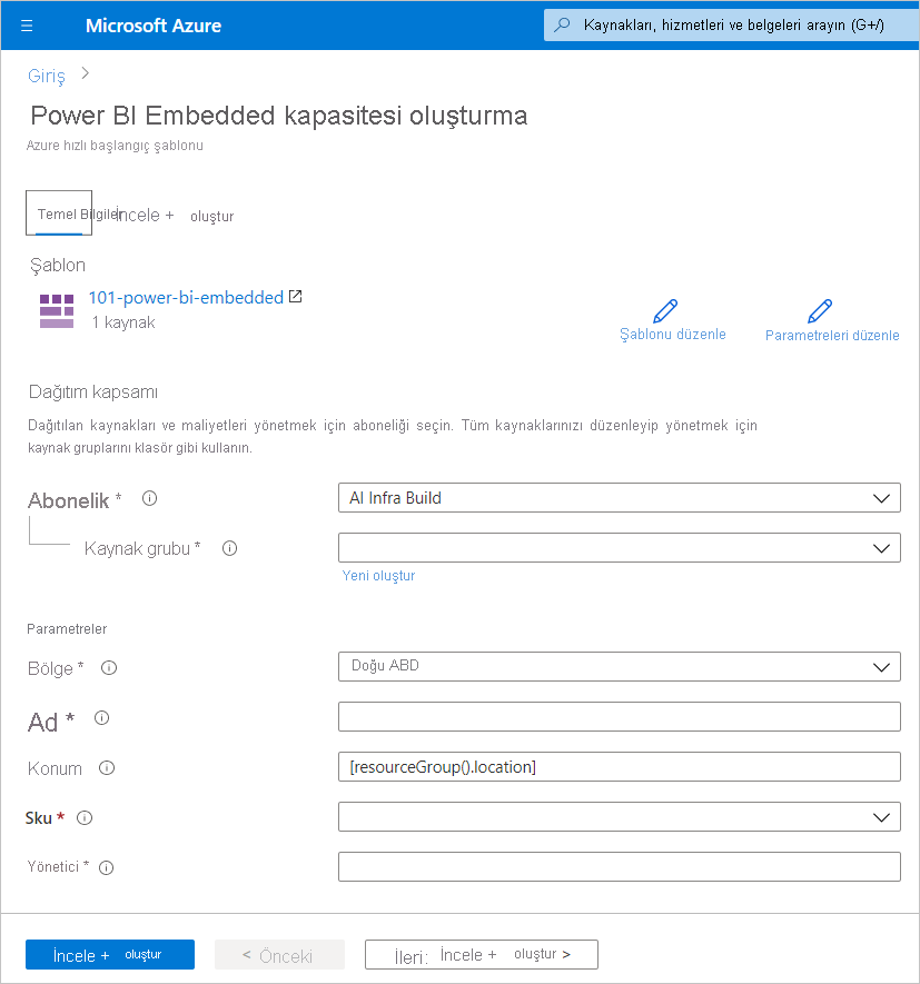 Azure portalında yeni kapasite oluşturmak için Power BI Embedded kapasitesi oluşturma sayfasının Temel Bilgiler sekmesini gösteren ekran görüntüsü.