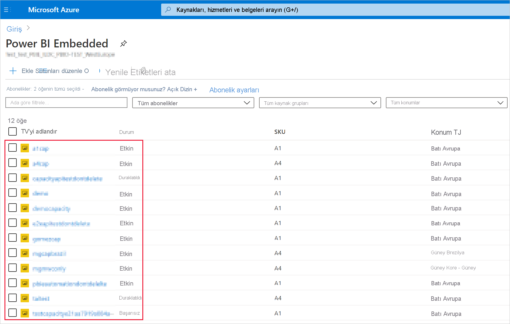 Azure portalında Power BI Embedded kapasite listesinin ekran görüntüsü.