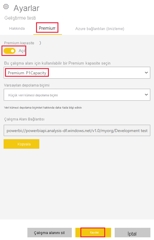 Power BI hizmeti çalışma alanının premium ayarlarının ekran görüntüsü. Seçili kapasite ve Kaydet düğmesi vurgulanır.