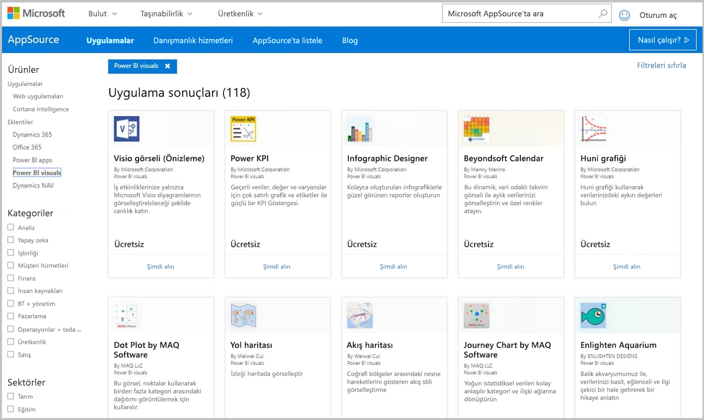 AppSource'taki Power BI görsellerinin ekran görüntüsü.