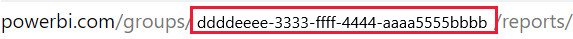 Power BI hizmeti URL'sinde çalışma alanı kimliği GUID'sini gösteren ekran görüntüsü