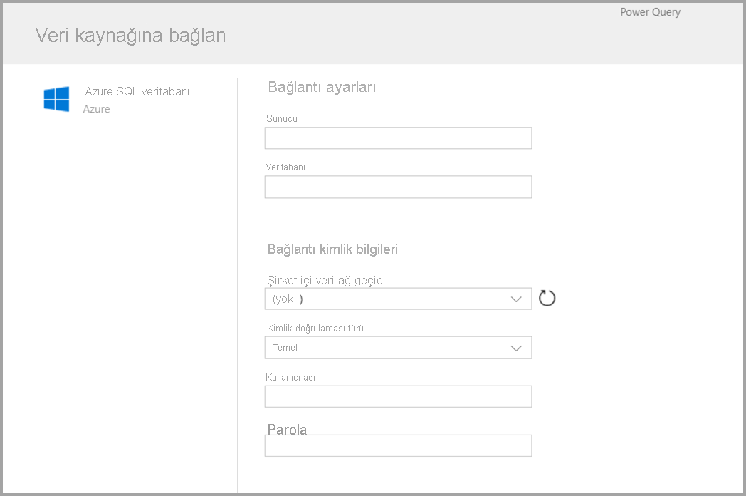 Bağlayıcı olarak Azure SQL'i seçtikten sonra görüntülenen formun ekran görüntüsü.