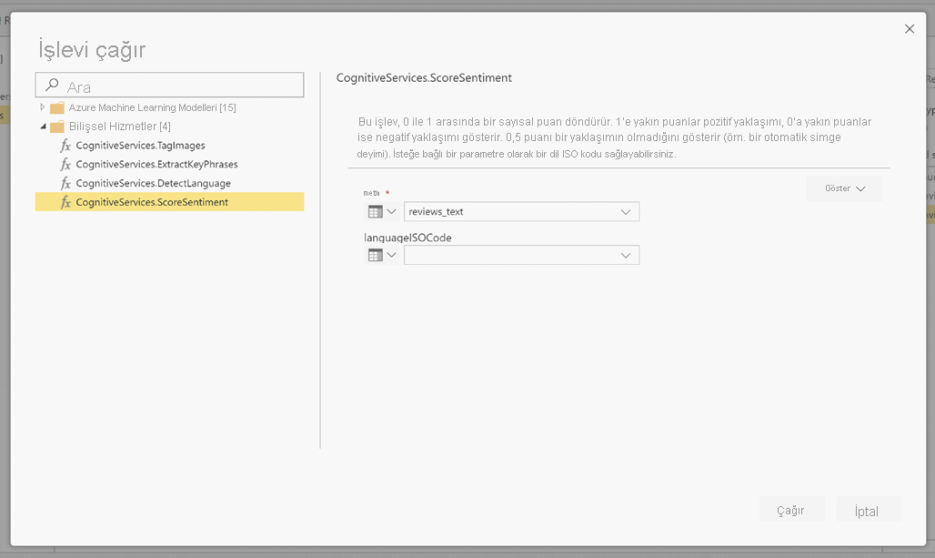 CognitiveServices.ScoreSentiment öğesinin seçili olduğunu gösteren İşlev çağır iletişim kutusunun ekran görüntüsü.