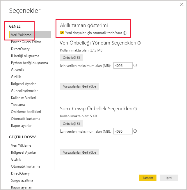 Power BI Desktop Seçenekleri kutusunun ekran görüntüsü.