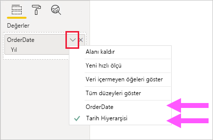 OrderDate hiyerarşisi için görsel alan yapılandırması örneğini gösteren ekran görüntüsü.