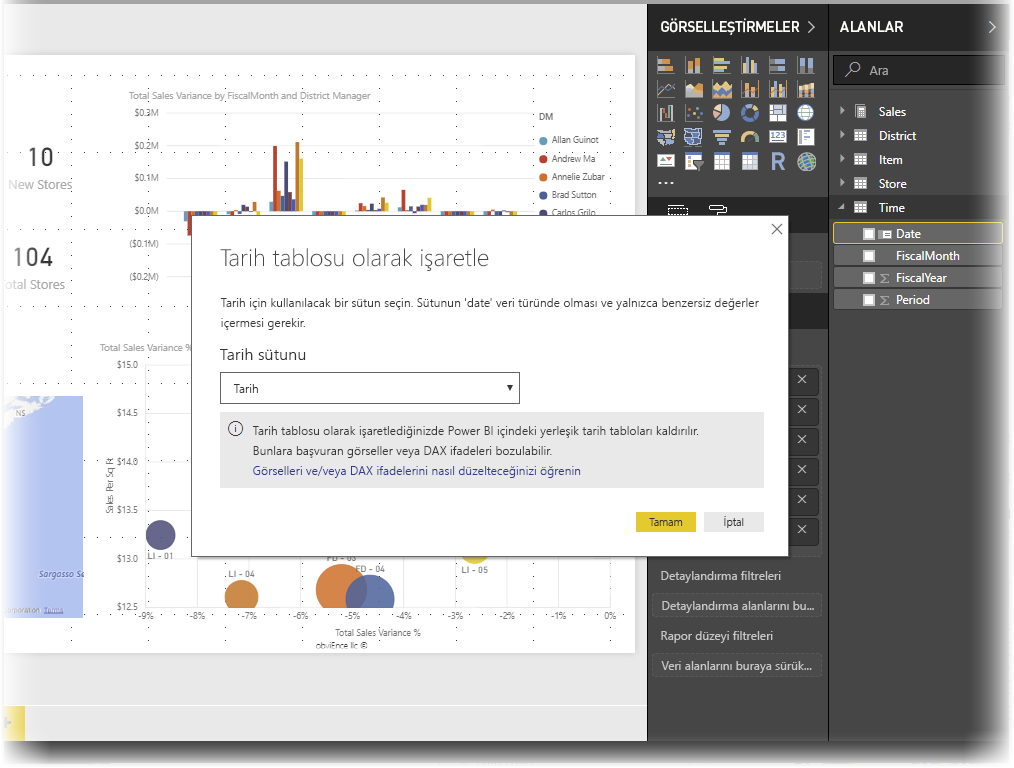 Tarih tablosu olarak işaretle iletişim kutusunu gösteren Power BI Desktop'ın ekran görüntüsü.