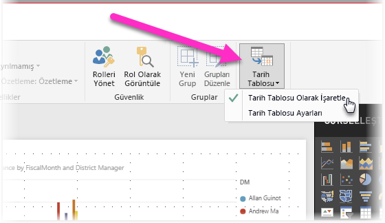 Tarih tablosu olarak işaretle düğmesini ve seçenekler filtresini gösteren Power BI Desktop'ın ekran görüntüsü.