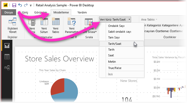 Veri Türü filtresinin seçili olduğu Modelleme sekmesini gösteren Power BI Desktop'ın ekran görüntüsü.