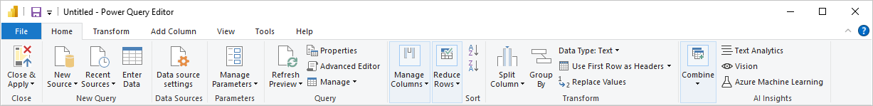 Power Query Düzenleyicisi sorgu şeridini gösteren Power BI Desktop'ın ekran görüntüsü.