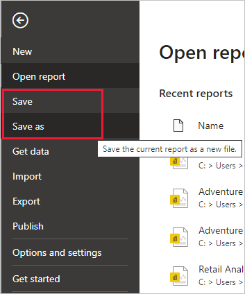 Power Query Düzenleyicisi Dosya sekmesini gösteren Power BI Desktop'ın ekran görüntüsü. Farklı kaydet ve kaydet seçenekleri vurgulanmış.