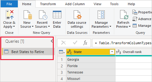 Sol bölmede Sorgular'ın gösterildiği Power BI Desktop'ın ekran görüntüsü.