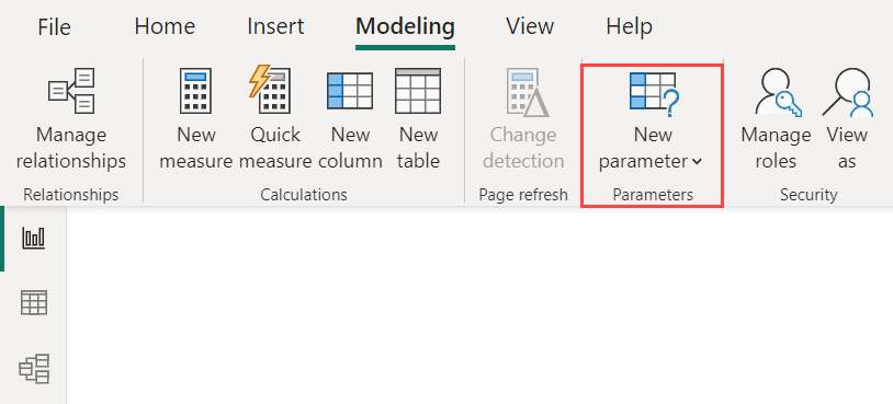 Yeni parametre düğmesini vurgulayan Power BI Desktop'ın ekran görüntüsü.