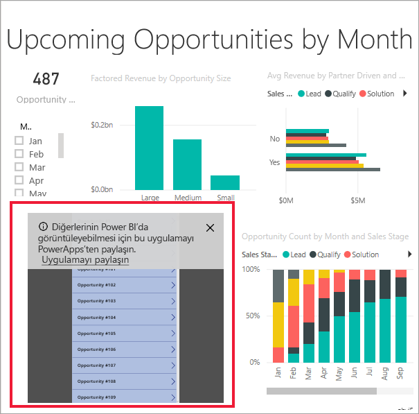 Power BI raporundaki Power Apps görselini gösteren ekran görüntüsü.