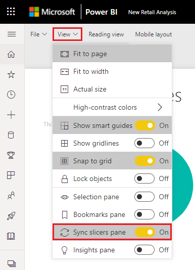 Power BI hizmeti dilimleyicileri eşitle seçiminin ekran görüntüsü.