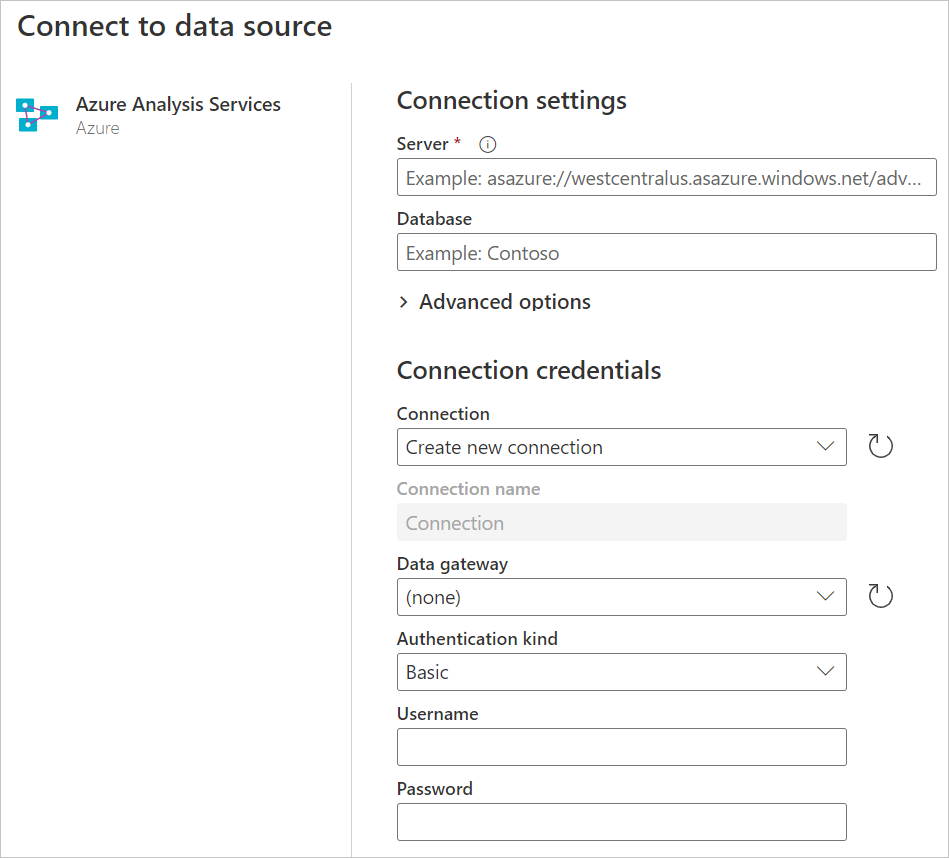 Power Query Online'da Azure Analysis Services veritabanı bağlantı oluşturucusu.