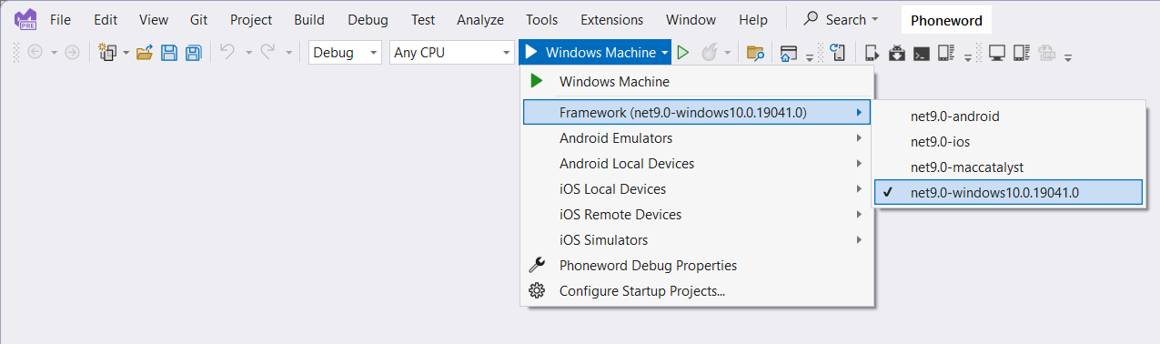 Visual Studio'da hedef çalışma zamanı açılan listesinin ekran görüntüsü. Kullanıcı, çözüm için başlangıç profili olarak Windows Machine profilini ayarlar.