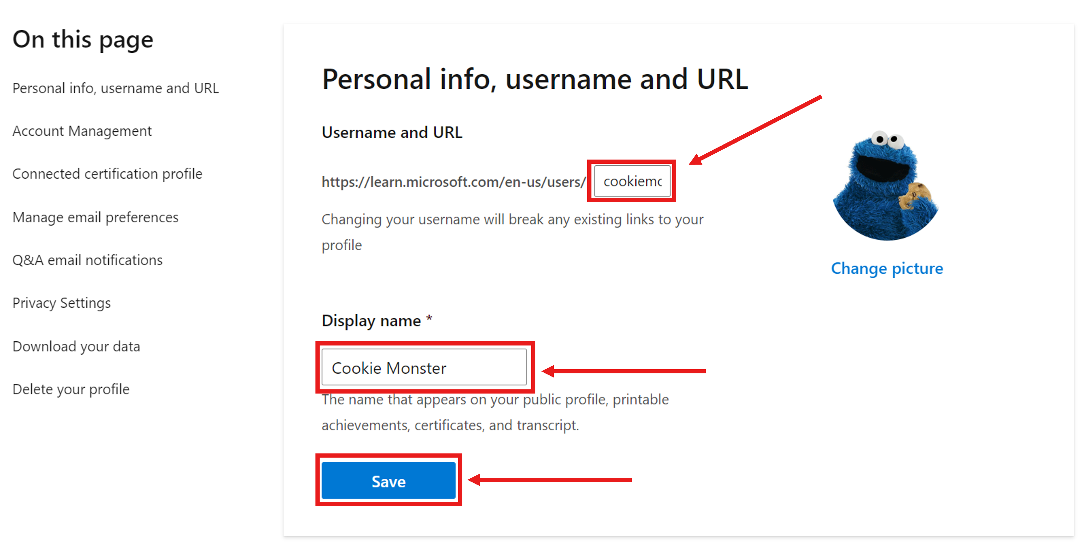 Microsoft Learn profil ayarlarındaki Kişisel bilgiler, kullanıcı adı ve URL bölümünün ekran görüntüsü.