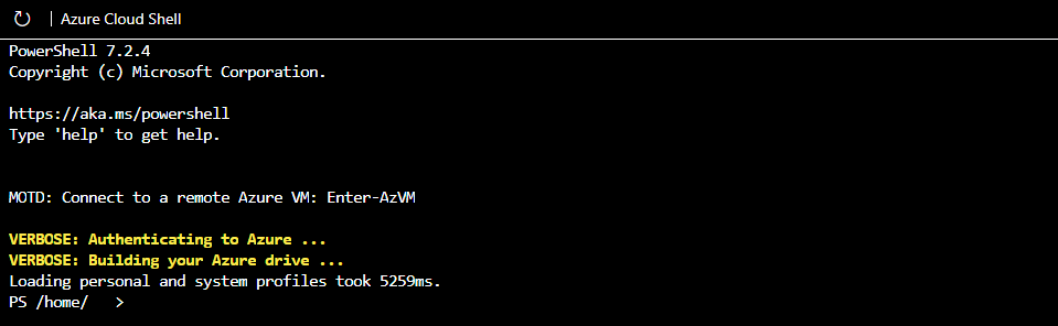 İlk başlatma sırasında Azure PowerShell CLI'nın ekran görüntüsü.