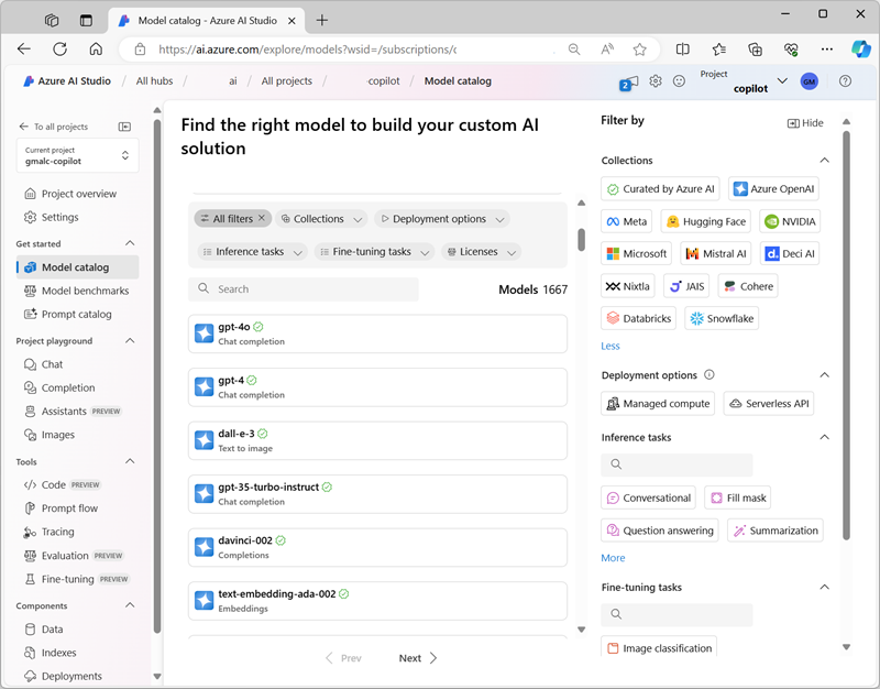 Azure AI Studio'nun ekran görüntüsü