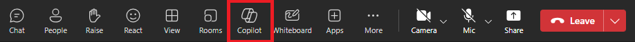 Screenshot of the Copilot icon in a Teams meeting.