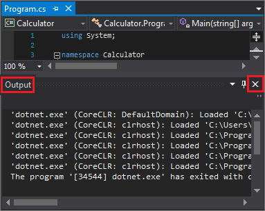 Visual Studio'da Çıkış bölmesini kapatmayı gösteren ekran görüntüsü.