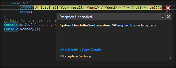 Visual Studio kod düzenleyicisinin, bir satırın sarı renkle vurgulandığı ve 'Sıfıra bölme girişimi' için İşlenmemiş İstisna hatasını gösteren ekran görüntüsü.