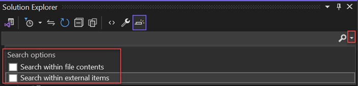 Visual Studio'da Çözüm Gezgini arama çubuğunun ve arama seçeneklerinin ekran görüntüsü.