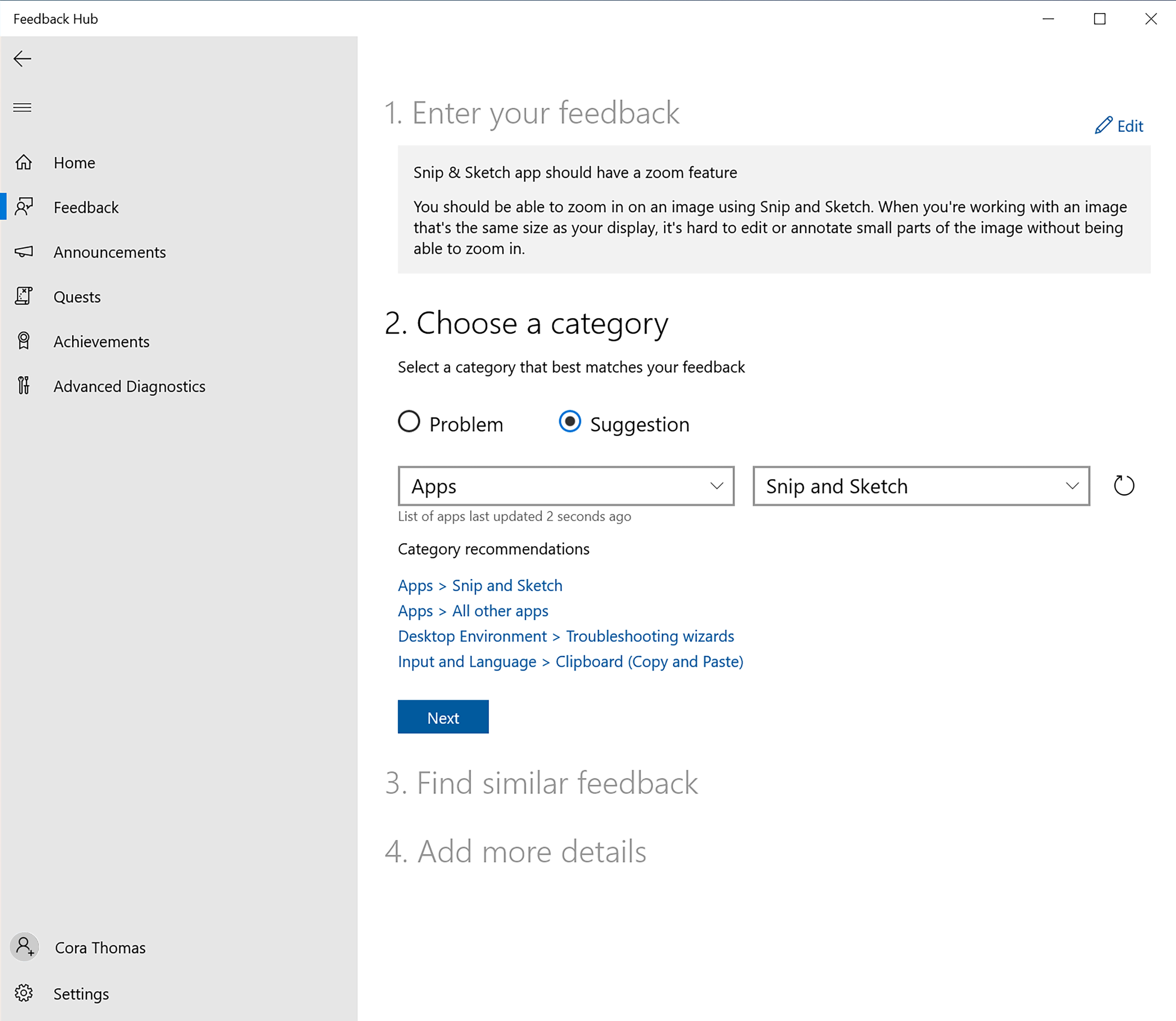 Choosing Problem or Suggestion and categories while giving new feedback.