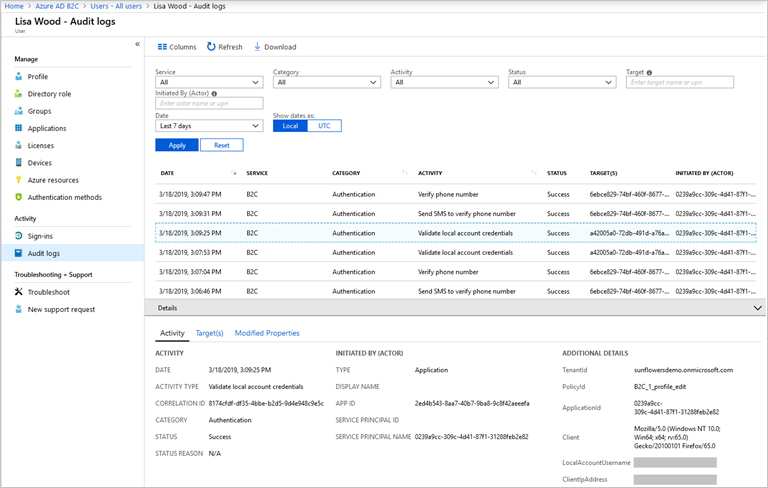 Azure 门户中显示的单个用户审核日志。