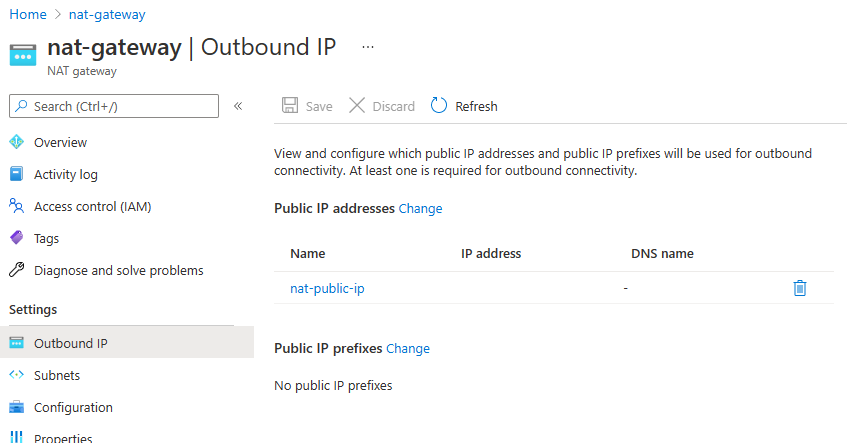 Screenshot of the Outbound IP pane for a NAT gateway in the Azure portal.