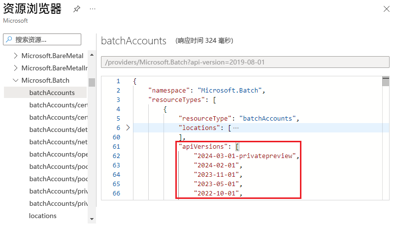 在 Azure 资源浏览器中显示有效的资源类型 API 版本的屏幕截图。